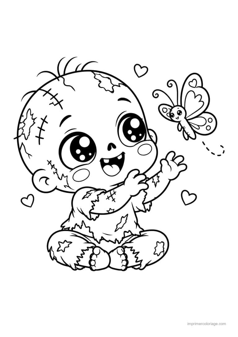coloriage zombie kawaii bebe assis papillon - dessin gratuit &agrave; imprimer