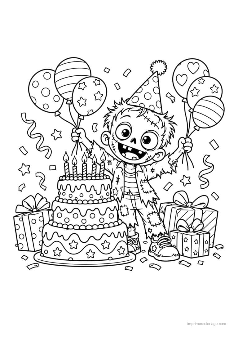 coloriage zombie party anniversaire gateau ballons - dessin gratuit &agrave; imprimer