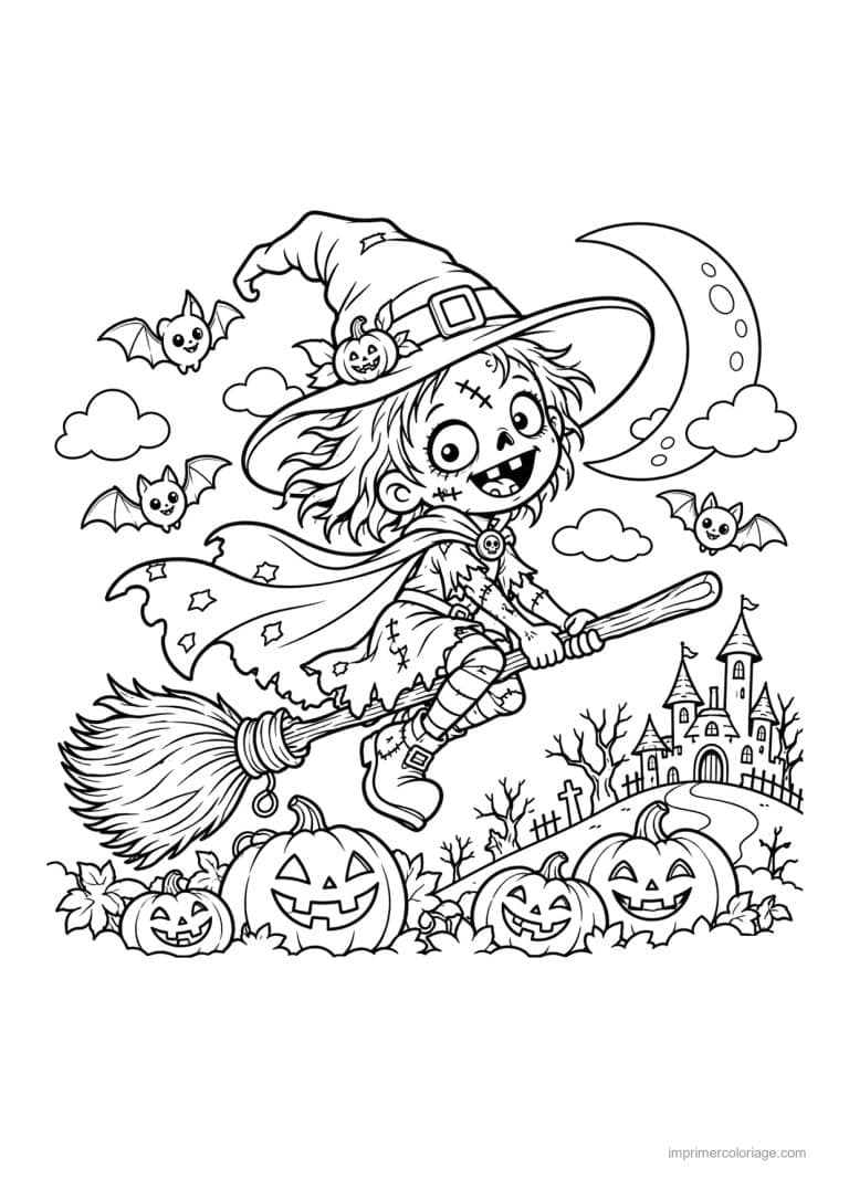 coloriage zombie party sorciere balai halloween - dessin gratuit &agrave; imprimer