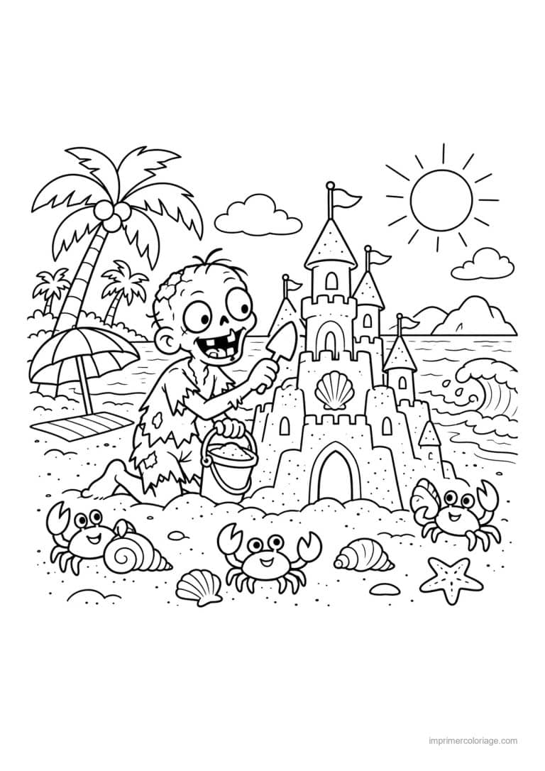 coloriage zombie scene chateau sable plage - dessin gratuit &agrave; imprimer