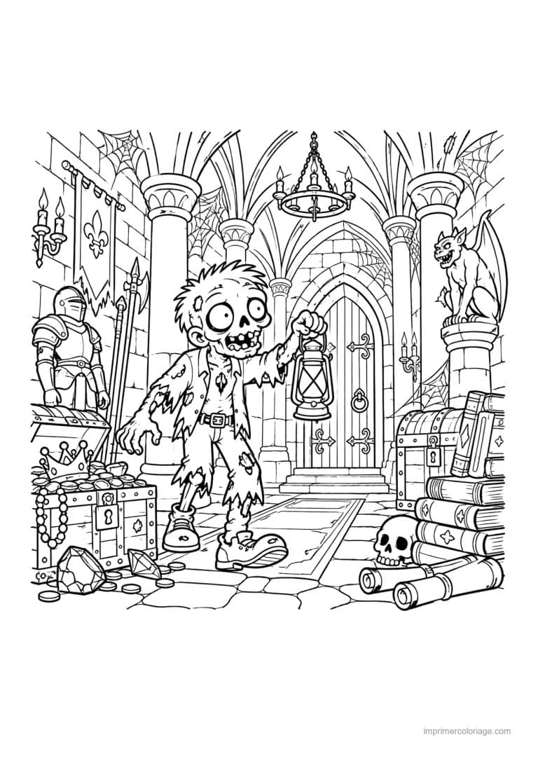 coloriage zombie scene exploration chateau hante - dessin gratuit &agrave; imprimer