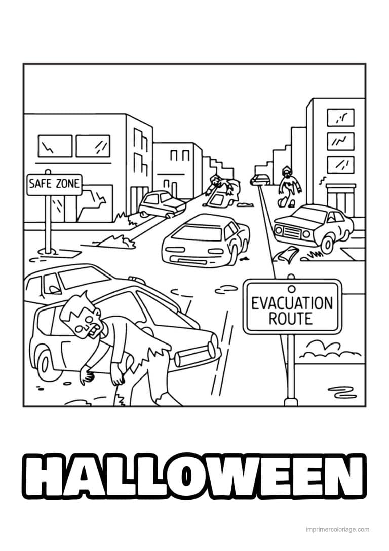 coloriage zombie zombies dans la rue evacuee - dessin gratuit &agrave; imprimer