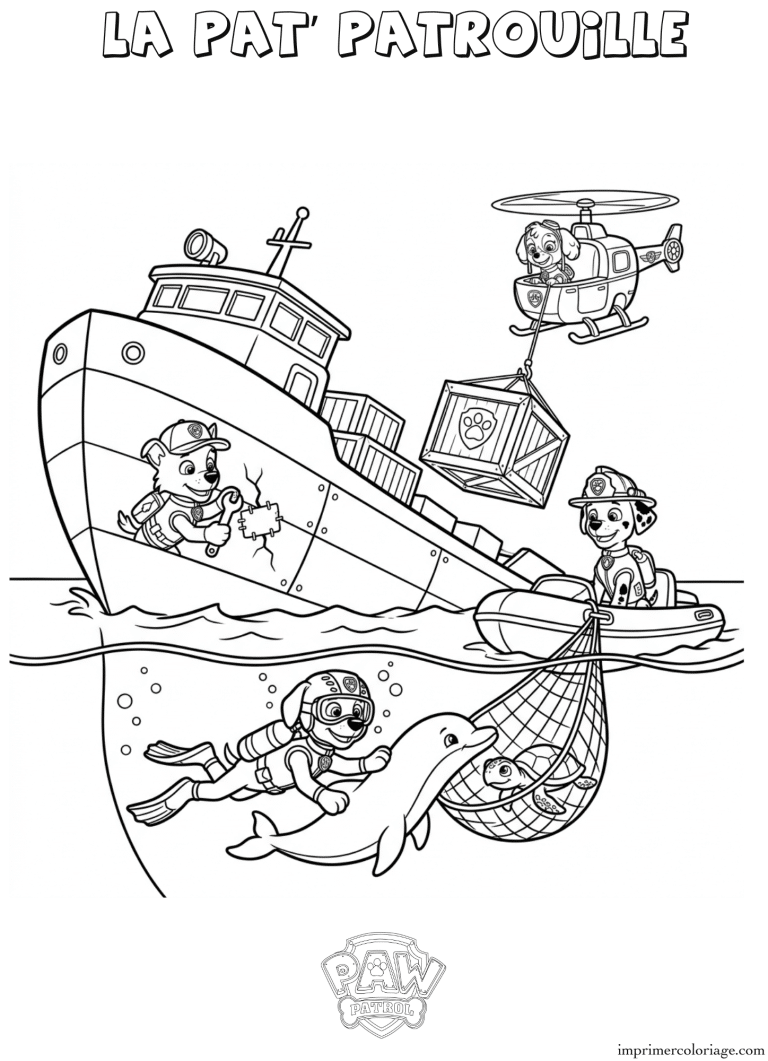 Coloriage la pat patrouille sauvetage bateau qui coule - dessin gratuit &agrave; imprimer