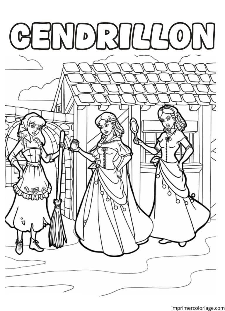 cendrillon avec ses demies soeurs - dessin gratuit &agrave; imprimer