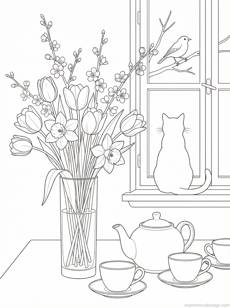 coloriage bouquet cuisine chat theiere - dessin gratuit &agrave; imprimer