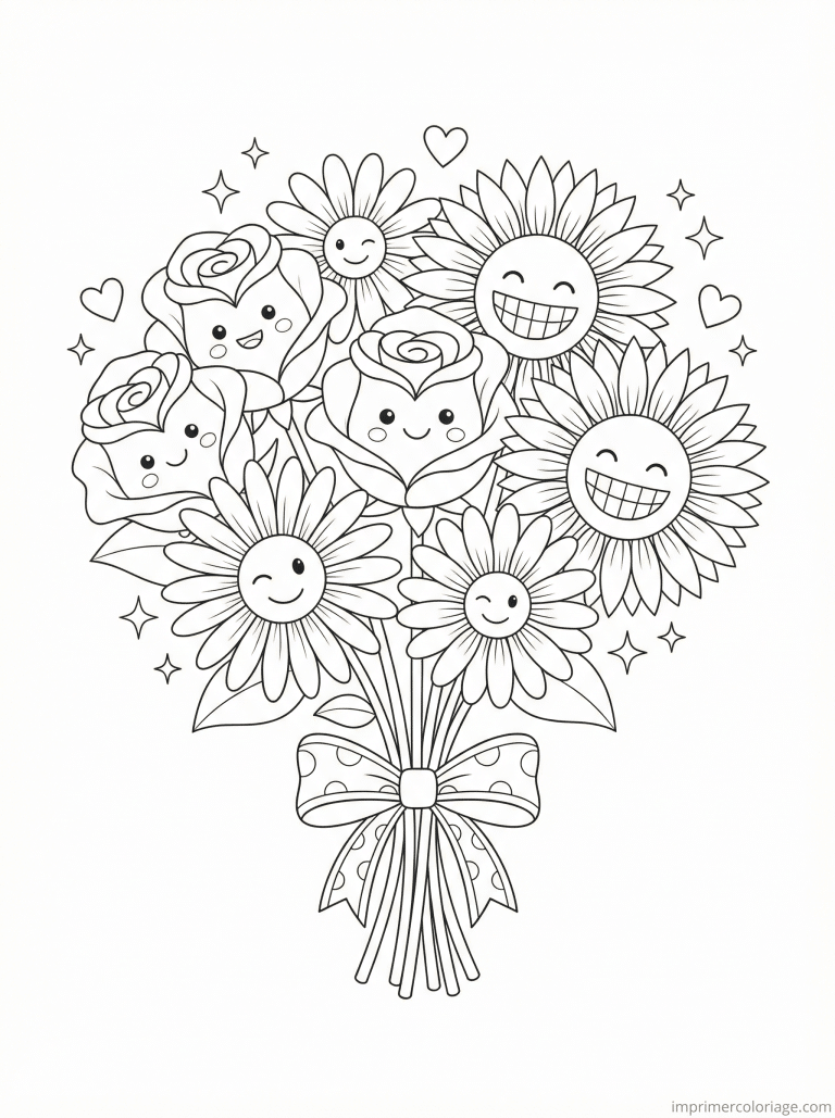coloriage bouquet cute fleurs visages - dessin gratuit &agrave; imprimer