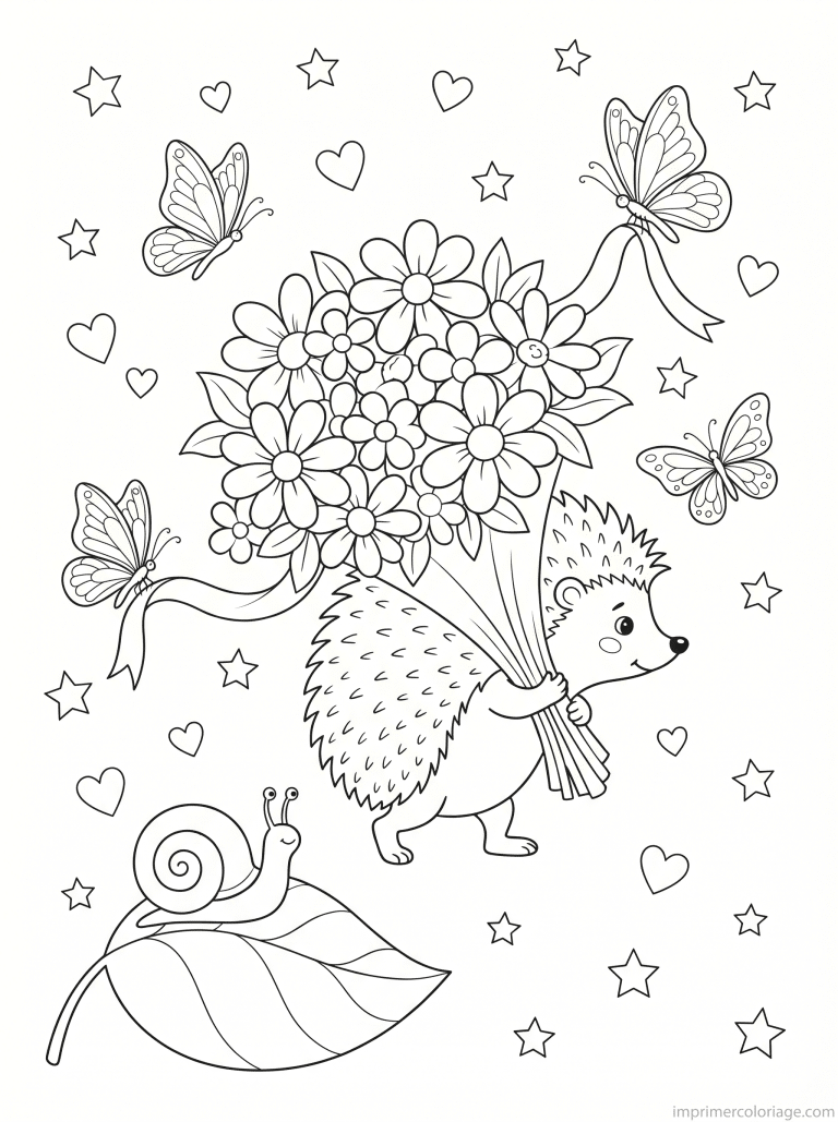 coloriage bouquet cute herisson livre - dessin gratuit &agrave; imprimer