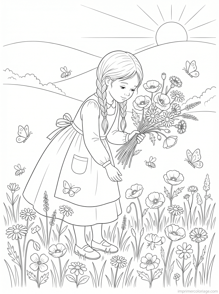 coloriage bouquet fille cueille prairie - dessin gratuit &agrave; imprimer