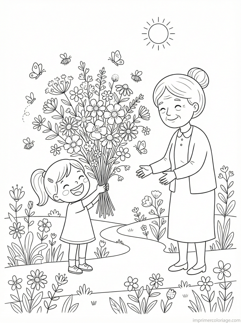 coloriage bouquet fille grand mere jardin - dessin gratuit &agrave; imprimer