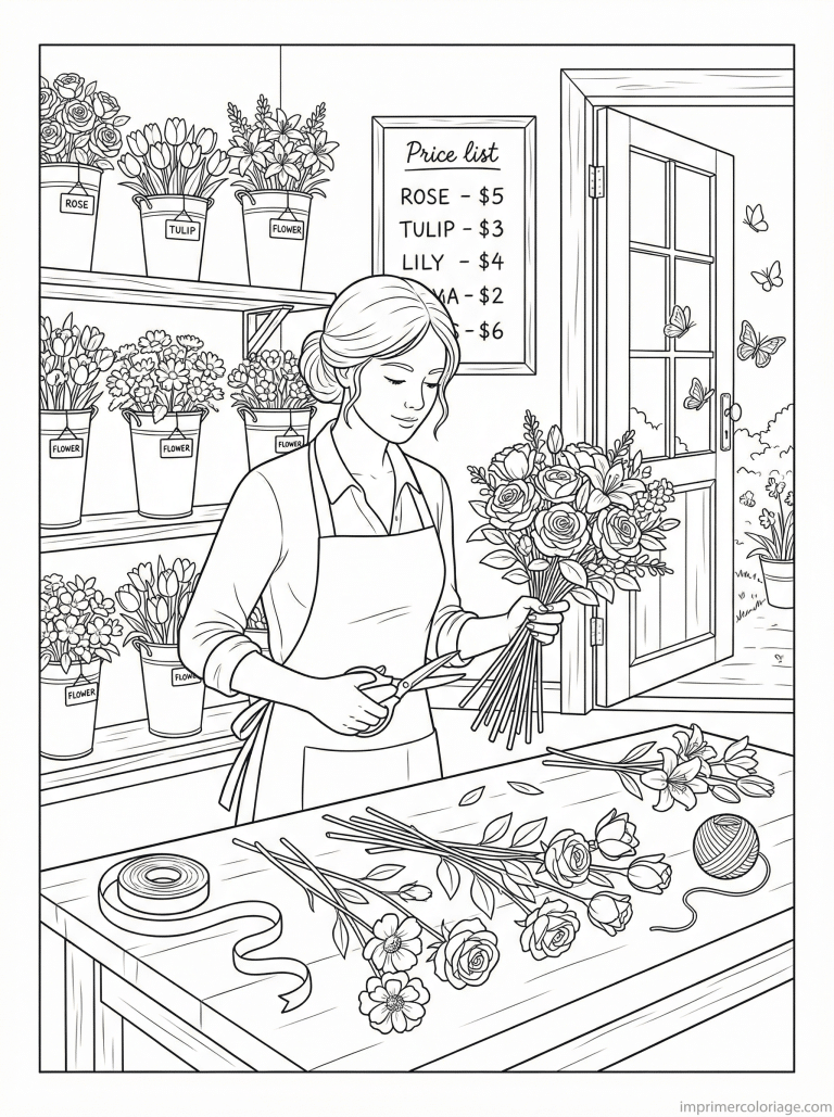 coloriage bouquet fleuriste atelier ciseaux - dessin gratuit &agrave; imprimer