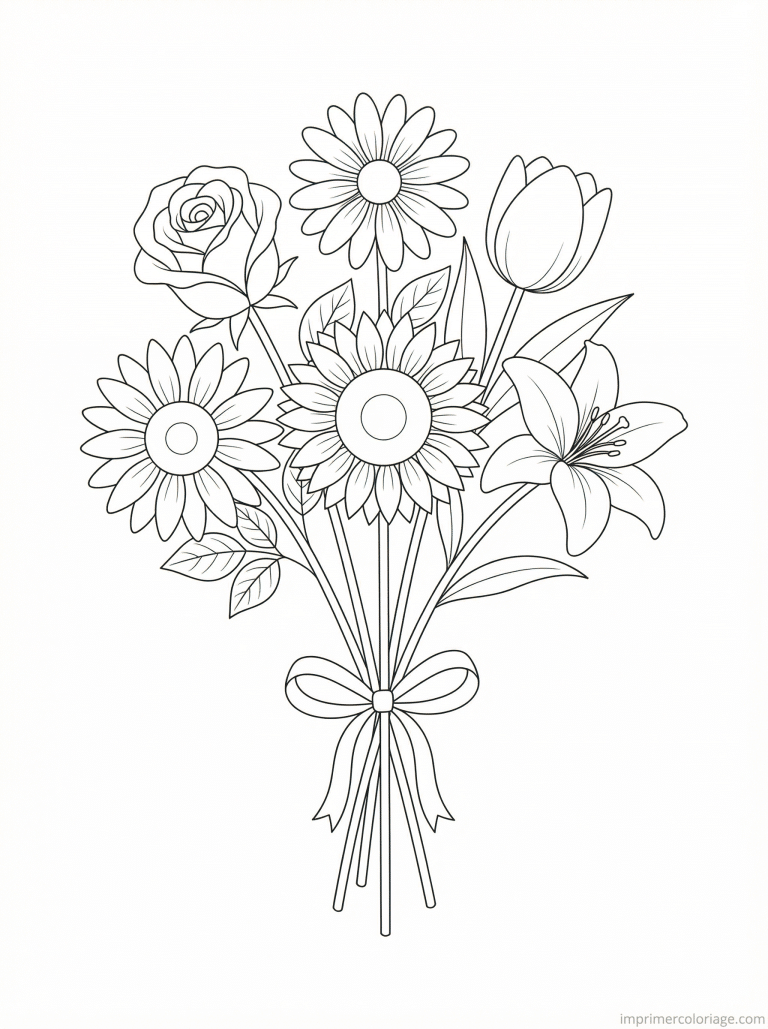 coloriage bouquet fleurs simple ruban - dessin gratuit &agrave; imprimer