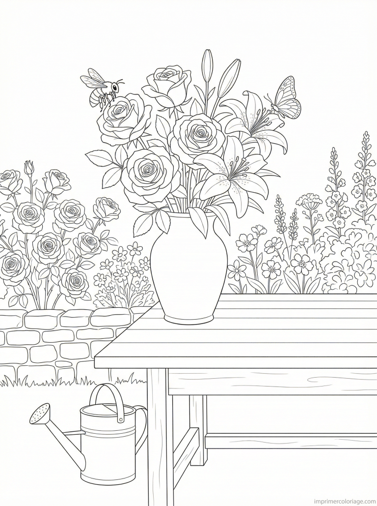 coloriage bouquet jardin table abeille - dessin gratuit &agrave; imprimer