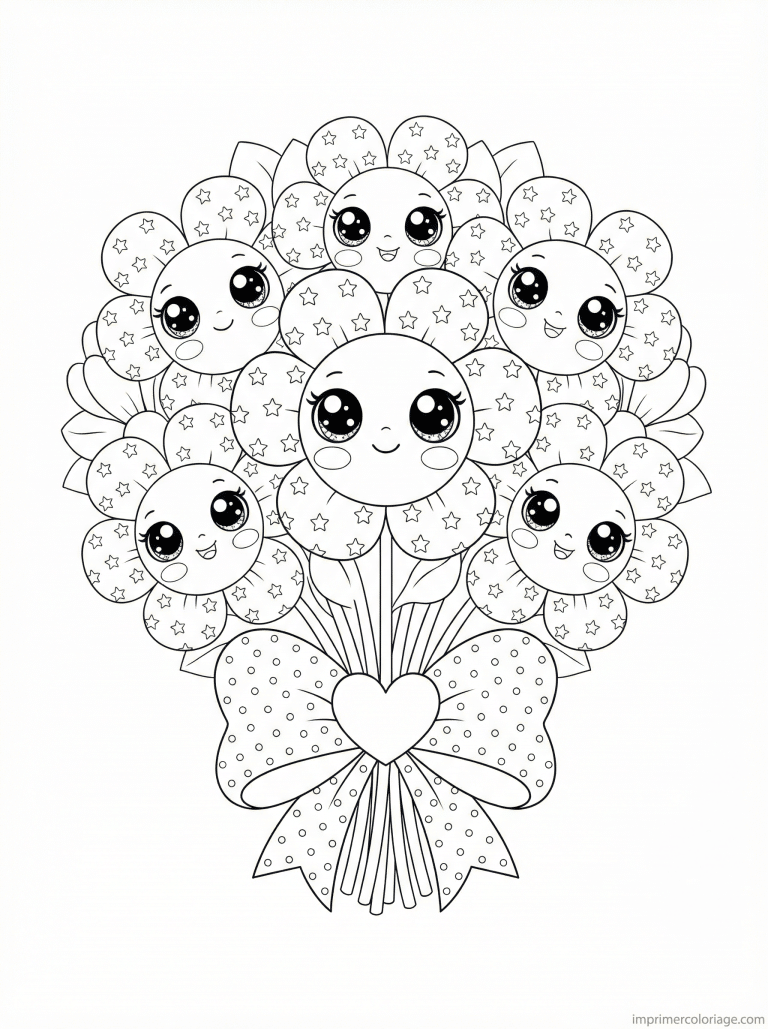 coloriage bouquet kawaii visages etoiles - dessin gratuit &agrave; imprimer
