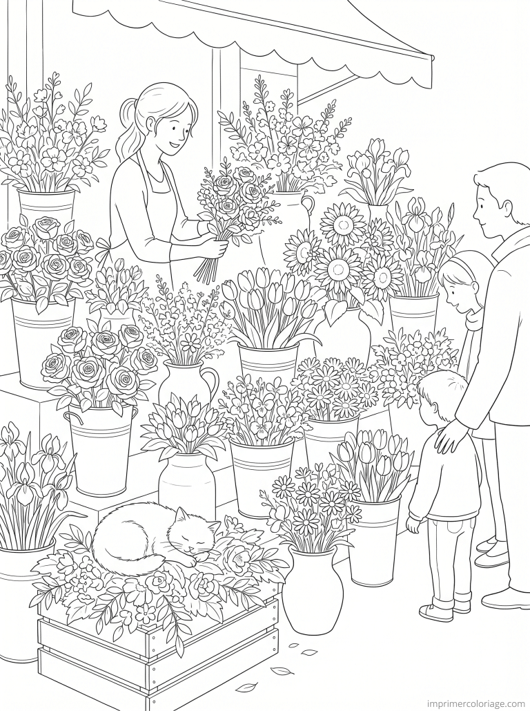 coloriage bouquet marche fleurs chat - dessin gratuit &agrave; imprimer