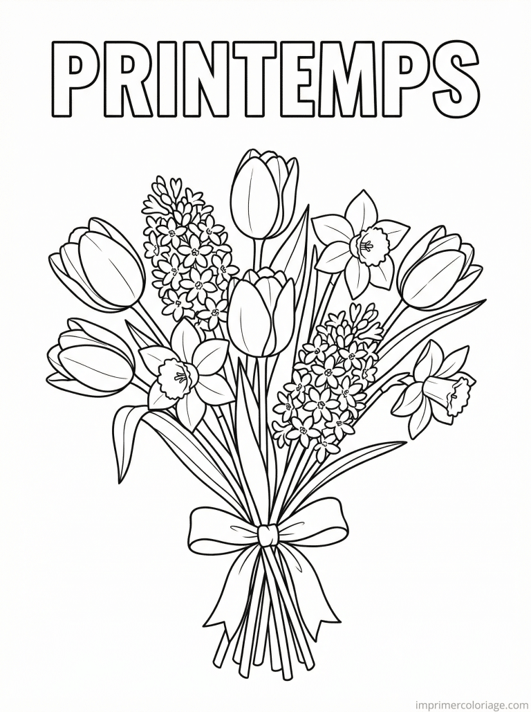 coloriage bouquet titre printemps tulipes - dessin gratuit &agrave; imprimer