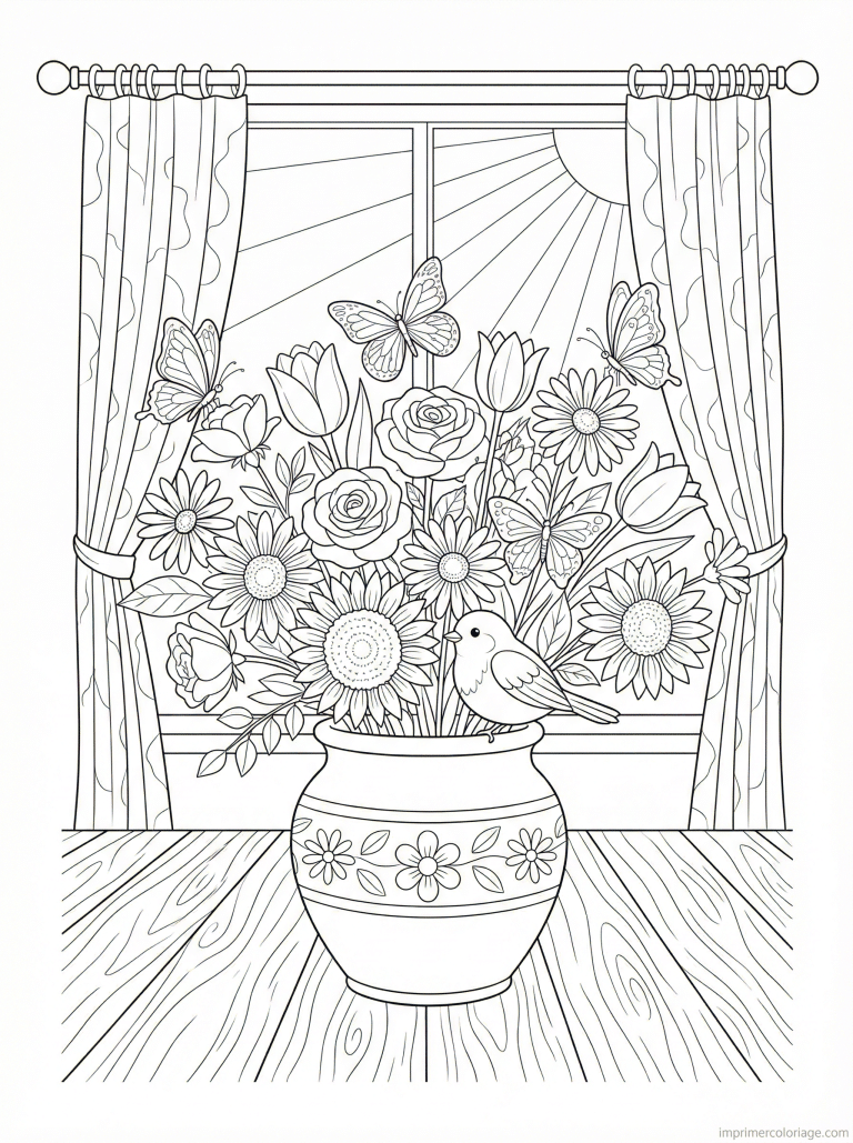 coloriage bouquet vase fenetre oiseau - dessin gratuit &agrave; imprimer