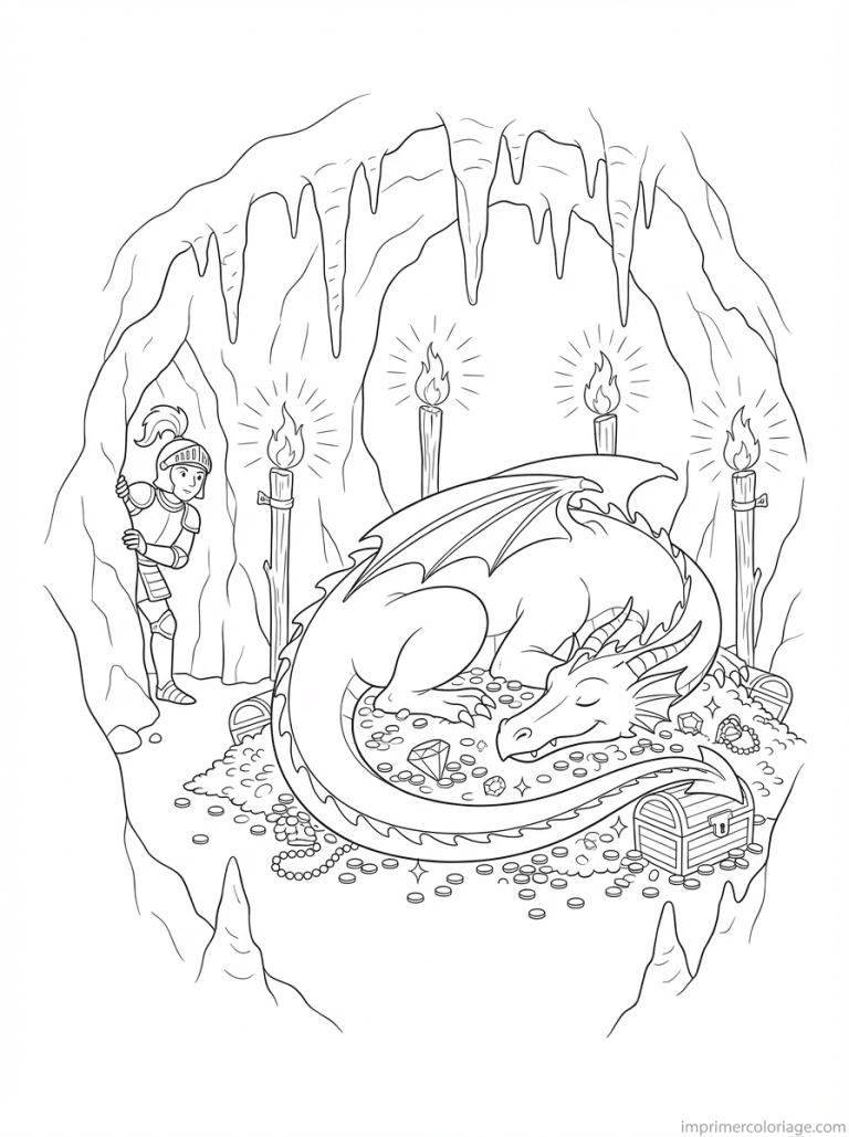 coloriage dragon caverne tresor chevalier - dessin gratuit &agrave; imprimer