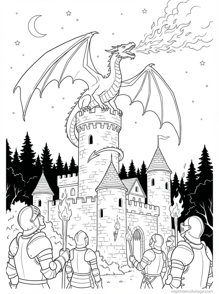 coloriage dragon chateau feu chevaliers - dessin gratuit &agrave; imprimer