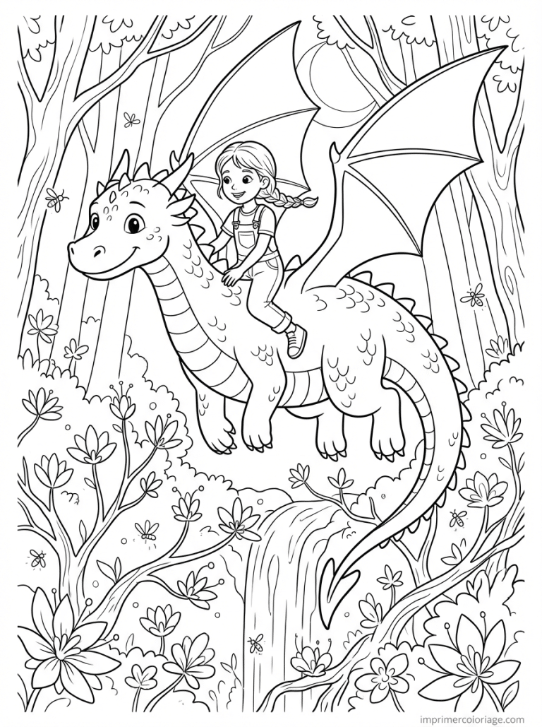 coloriage dragon fille foret magique - dessin gratuit &agrave; imprimer