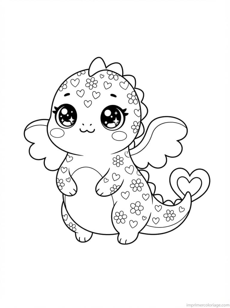 coloriage dragon kawaii ecailles coeurs - dessin gratuit &agrave; imprimer