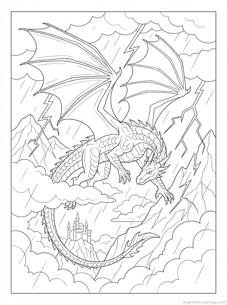 coloriage dragon orage montagne eclairs - dessin gratuit &agrave; imprimer