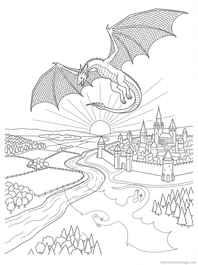 coloriage dragon royaume coucher soleil - dessin gratuit &agrave; imprimer
