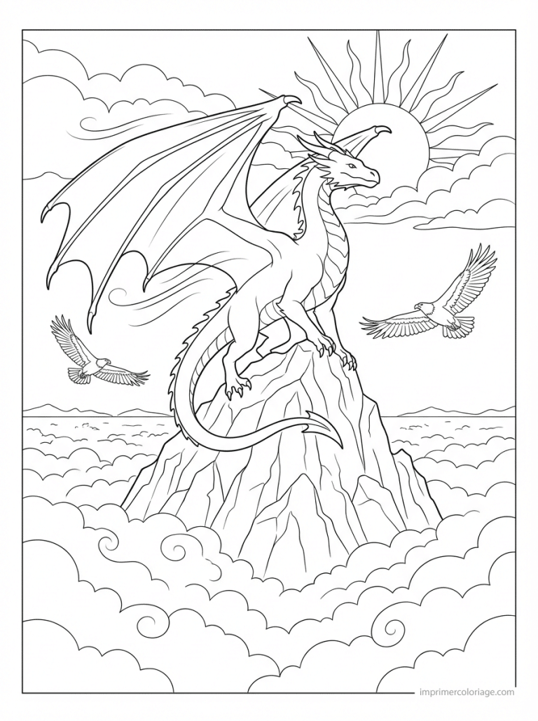 coloriage dragon sommet nuages aigles - dessin gratuit &agrave; imprimer