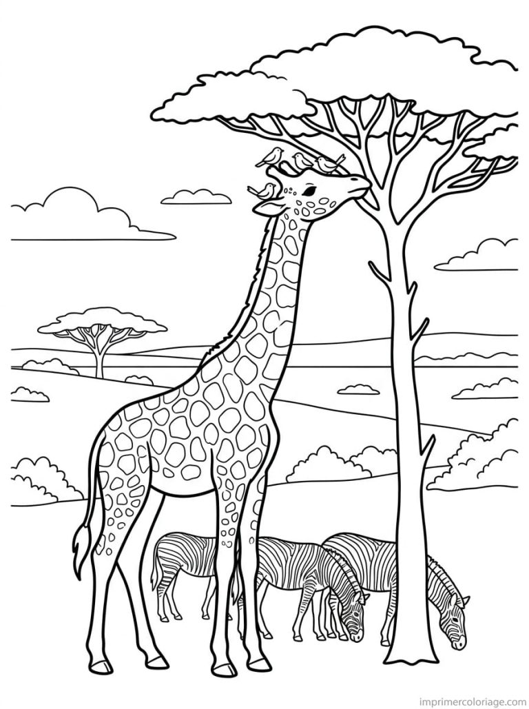 coloriage girafe acacia zebre savane - dessin gratuit &agrave; imprimer