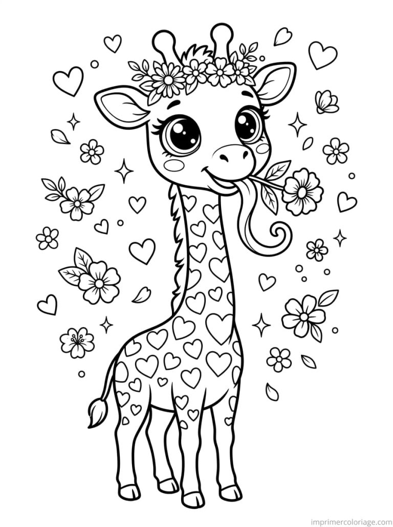 coloriage girafe cute couronne coeurs - dessin gratuit &agrave; imprimer