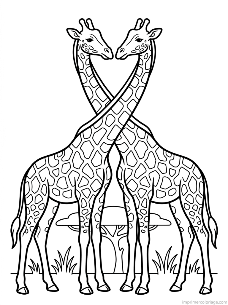 coloriage girafe duo cous croises - dessin gratuit &agrave; imprimer