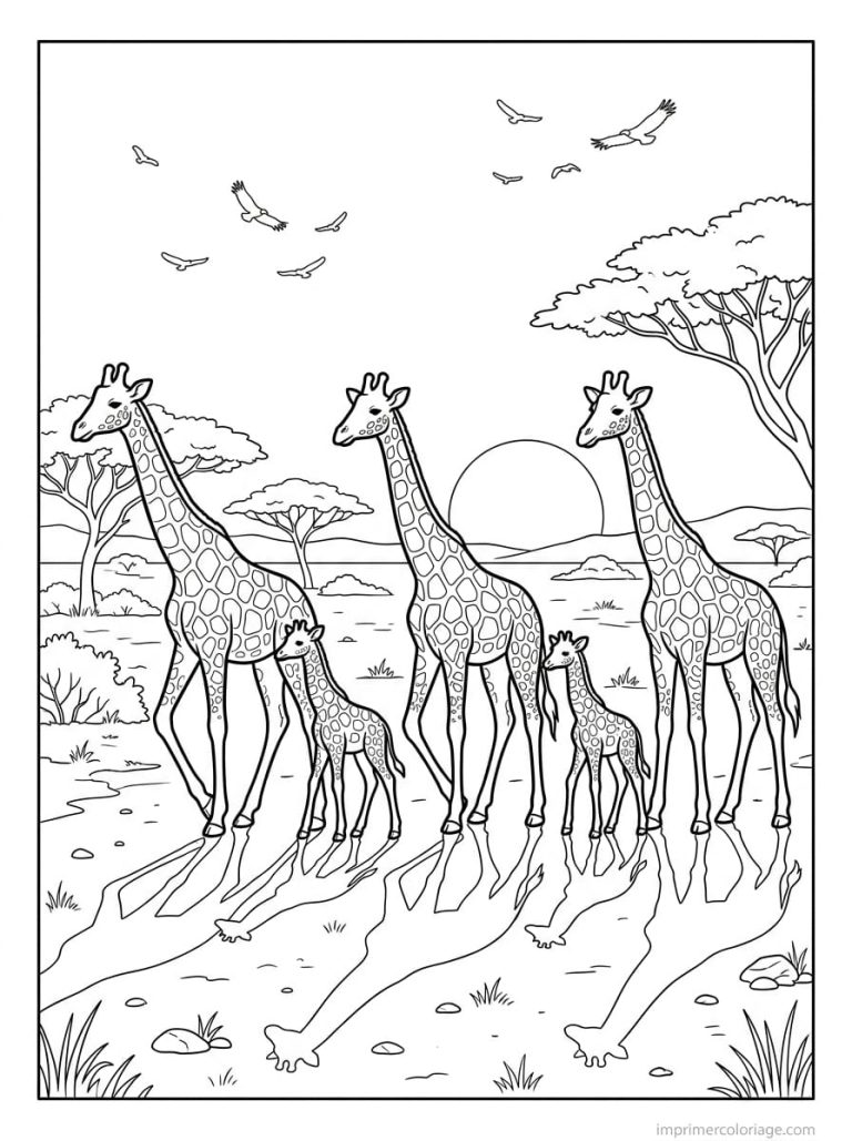 coloriage girafe famille coucher soleil - dessin gratuit &agrave; imprimer