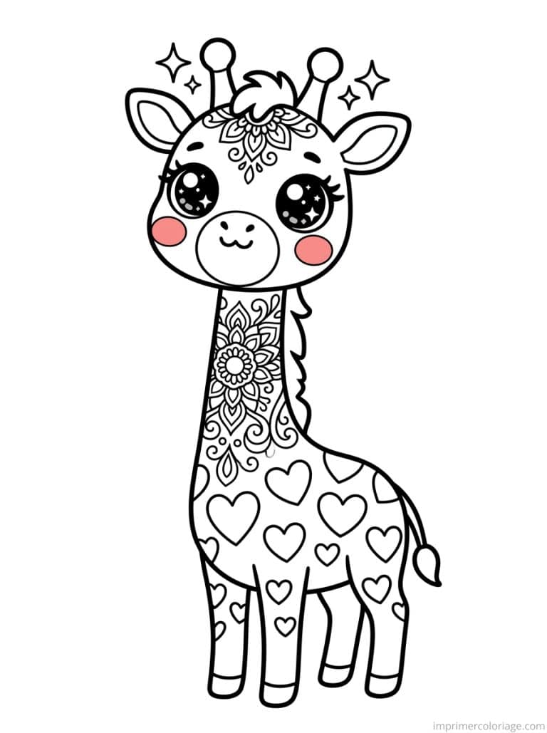 coloriage girafe kawaii mandala coeurs - dessin gratuit &agrave; imprimer