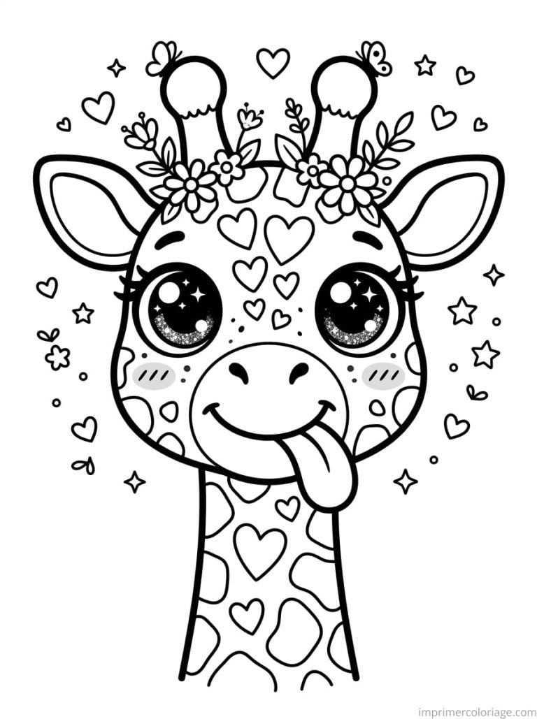 coloriage girafe kawaii visage langue - dessin gratuit &agrave; imprimer