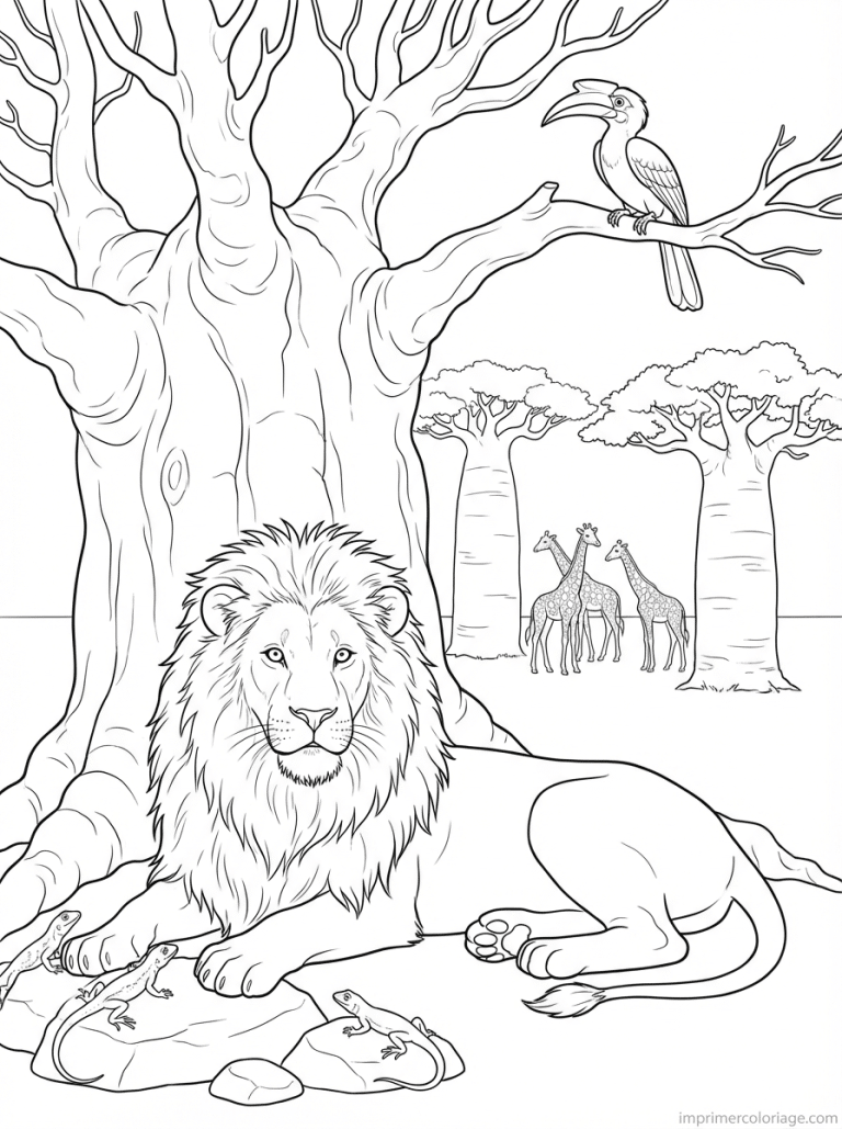 coloriage lion baobab girafe ombre - dessin gratuit &agrave; imprimer