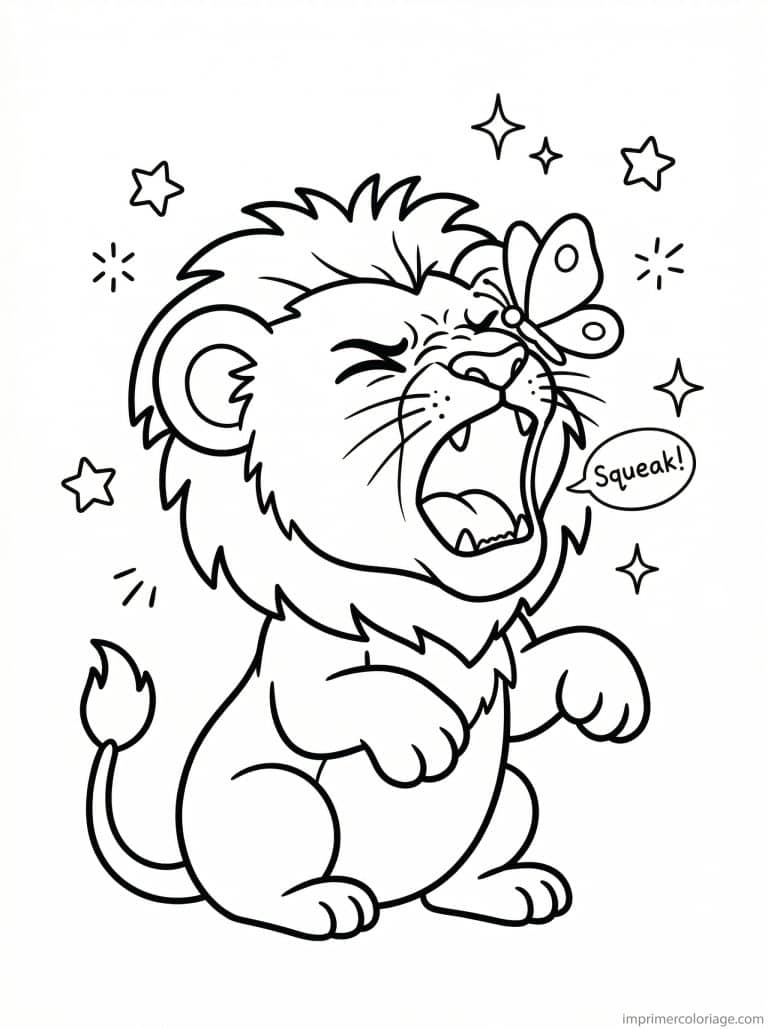coloriage lion cute rugit papillon - dessin gratuit &agrave; imprimer