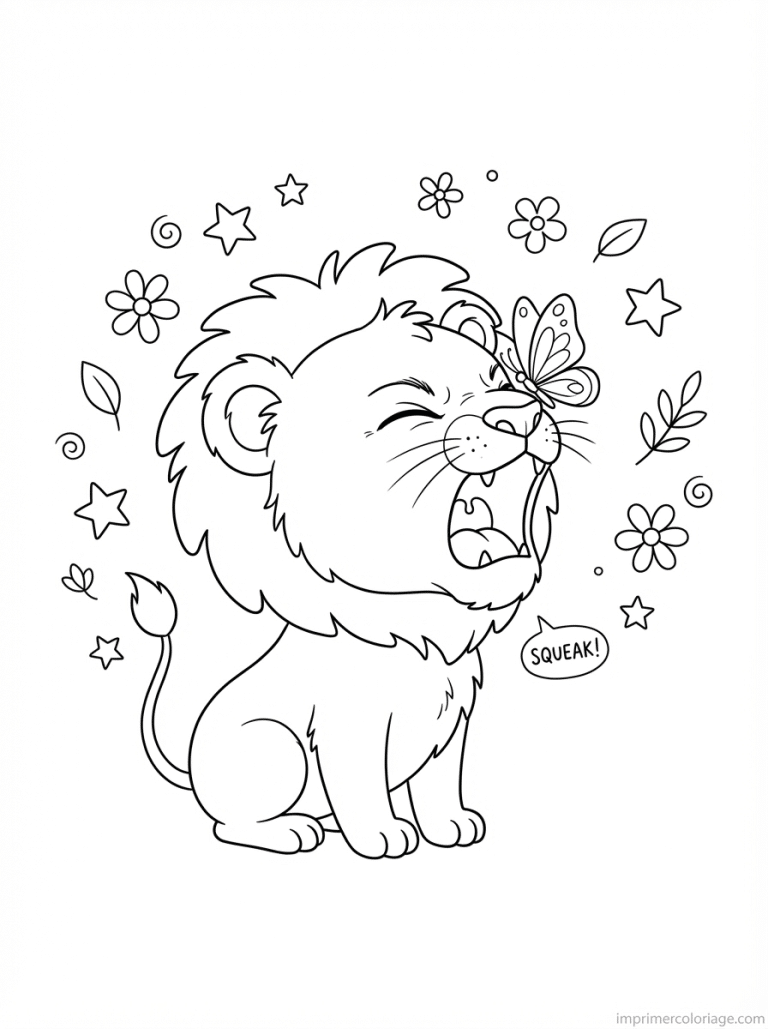 coloriage lion cute rugit papillon - dessin gratuit &agrave; imprimer