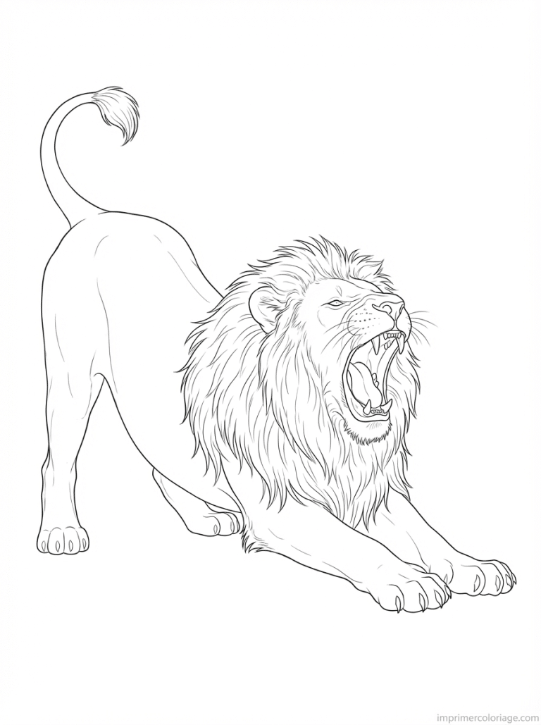 coloriage lion etire baillement - dessin gratuit &agrave; imprimer