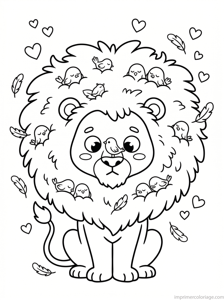 coloriage lion kawaii criniere nid oiseaux - dessin gratuit &agrave; imprimer