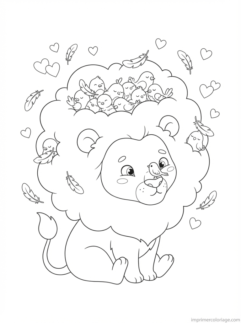 coloriage lion kawaii criniere oiseaux - dessin gratuit &agrave; imprimer