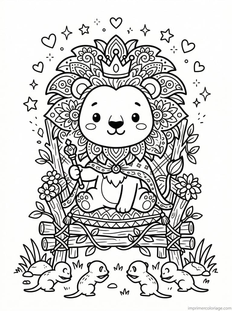 coloriage lion kawaii roi suricates - dessin gratuit &agrave; imprimer