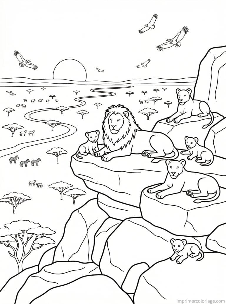 coloriage lion kopje savane acacia - dessin gratuit &agrave; imprimer