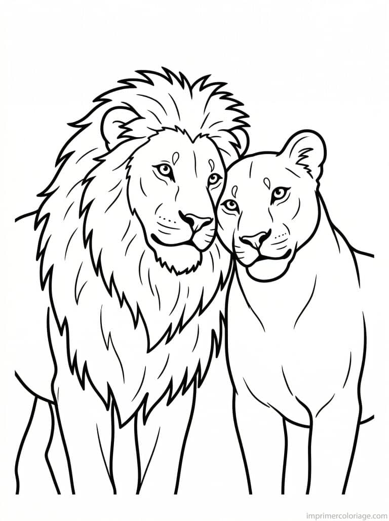 coloriage lion lionne couple tetes - dessin gratuit &agrave; imprimer