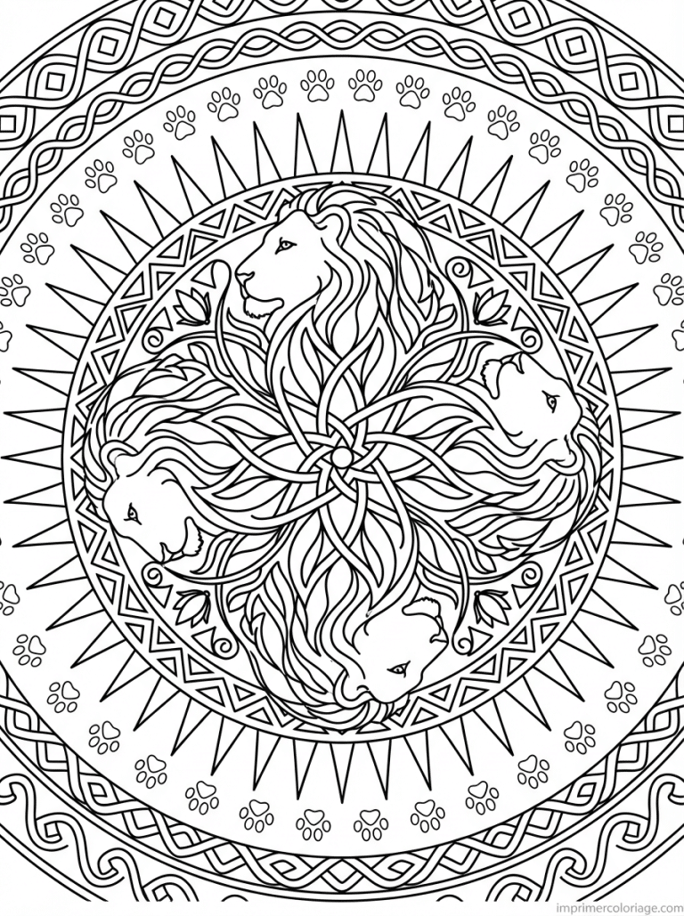 coloriage lion mandala quatre profils - dessin gratuit &agrave; imprimer