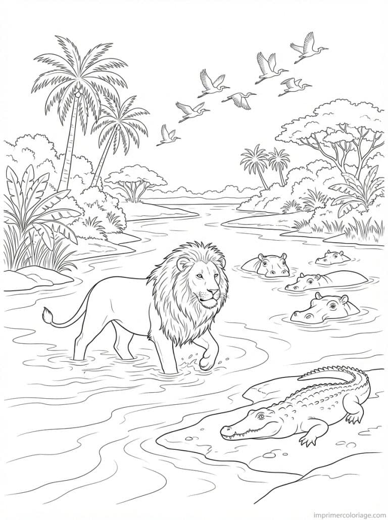coloriage lion riviere hippos crocodile - dessin gratuit &agrave; imprimer