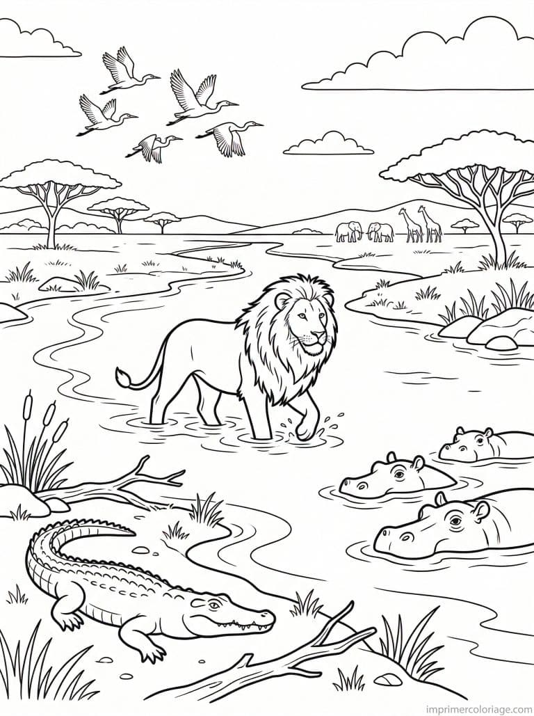 coloriage lion riviere hippos crocodile - dessin gratuit &agrave; imprimer