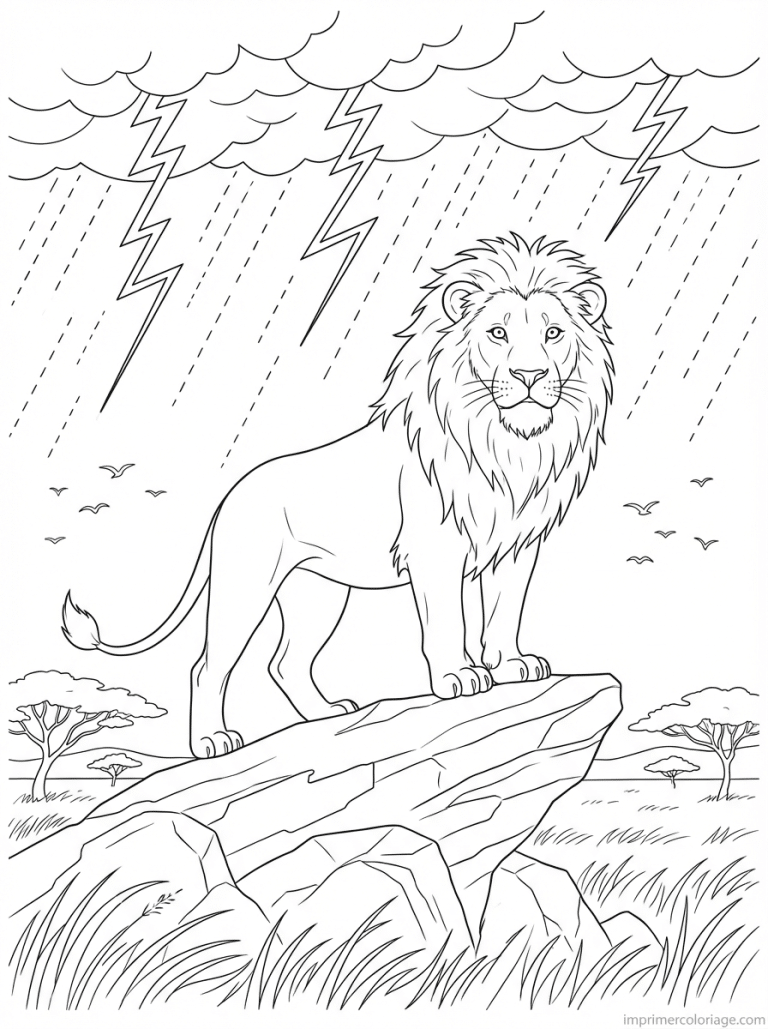 coloriage lion rocher orage savane - dessin gratuit &agrave; imprimer