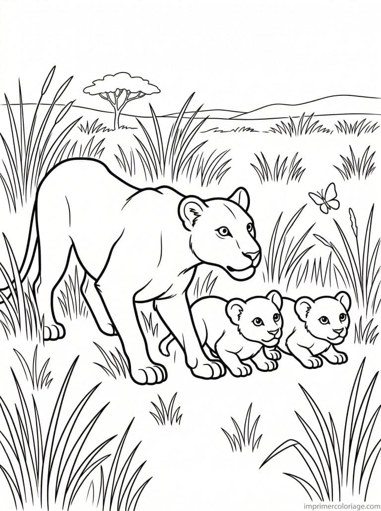 coloriage lionne cubs chasse herbe - dessin gratuit &agrave; imprimer