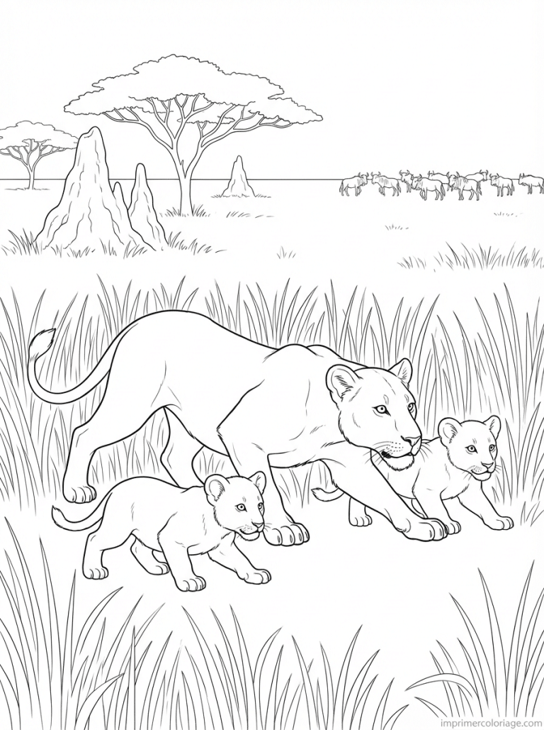 coloriage lionne cubs chasse herbe - dessin gratuit &agrave; imprimer