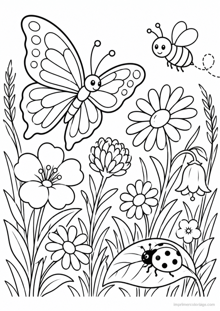 coloriage papillon abeille coccinelle fleurs - dessin gratuit &agrave; imprimer