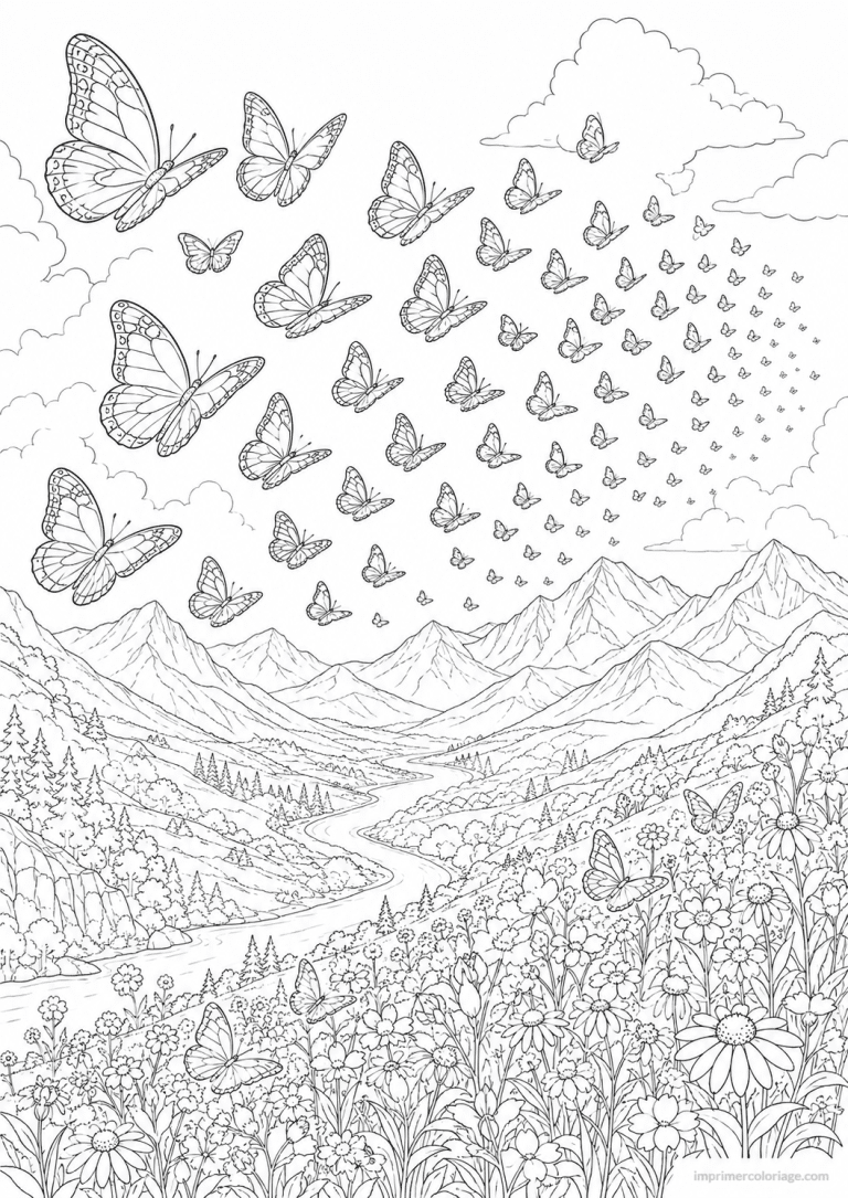 coloriage papillon scene migration vallee - dessin gratuit &agrave; imprimer